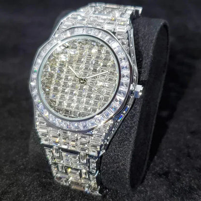 Luxury Hip Hop Men's Watch | Silver Iced Out Watch with Date | Top Brand Quartz Wristwatch | Reloj Hombre | Caratix - CaratixJewelry