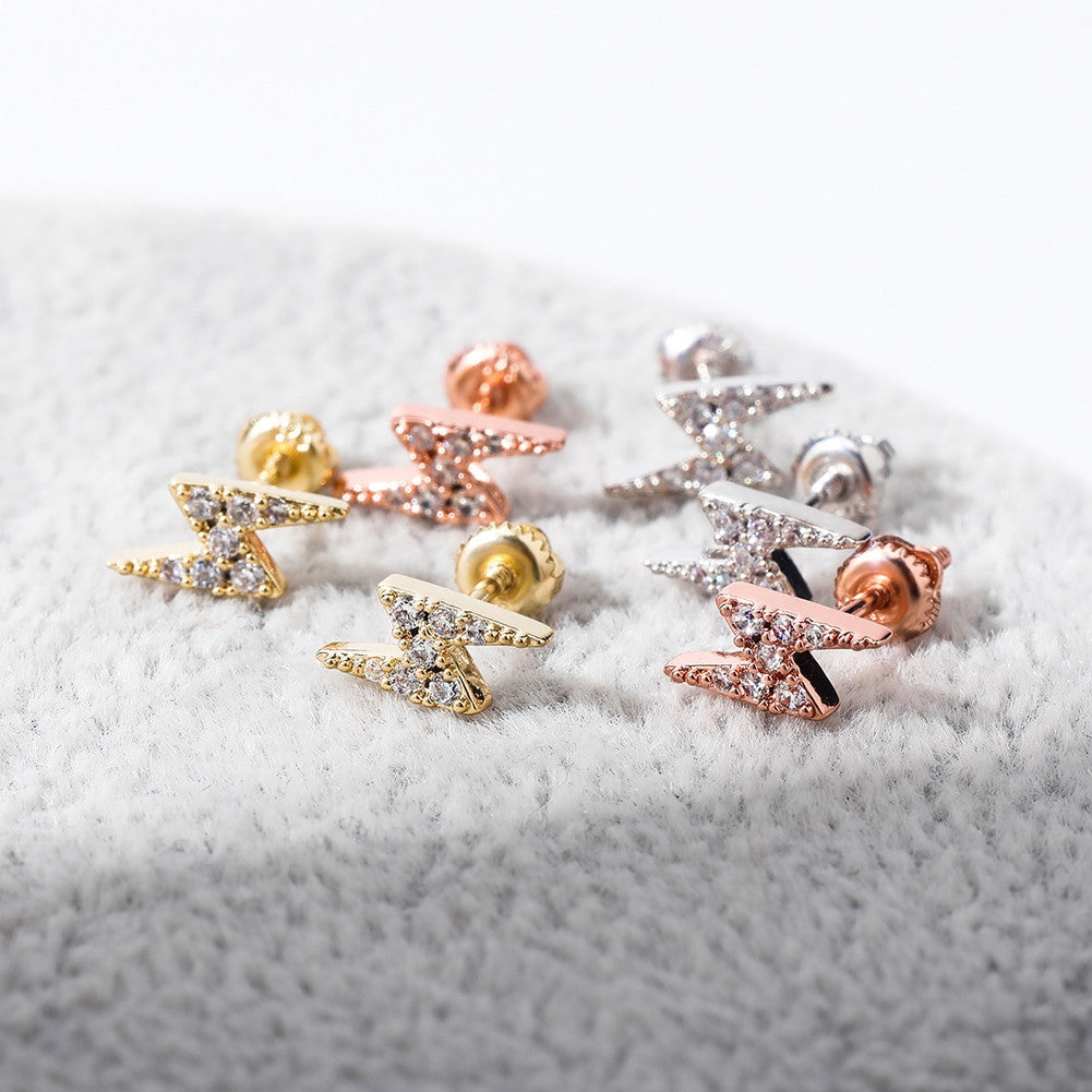 925 Sterling Silver Rose Gold Lightning Bolt Bling Earrings | Prong Set Stones