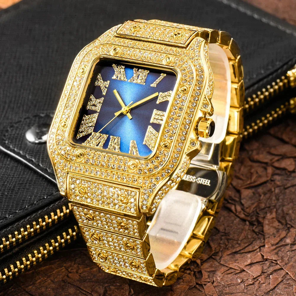 Luxury Blue Dial Roman Numbers Men's Watch | Iced Out Watch Stainless Steel | Luminous Waterproof Analogue Wristwatch | Reloj Hombre | Caratix - CaratixJewelry
