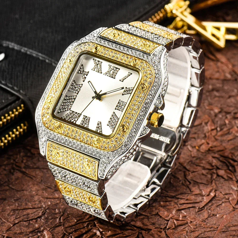 Luxury Blue Dial Roman Numbers Men's Watch | Iced Out Watch Stainless Steel | Luminous Waterproof Analogue Wristwatch | Reloj Hombre | Caratix - CaratixJewelry