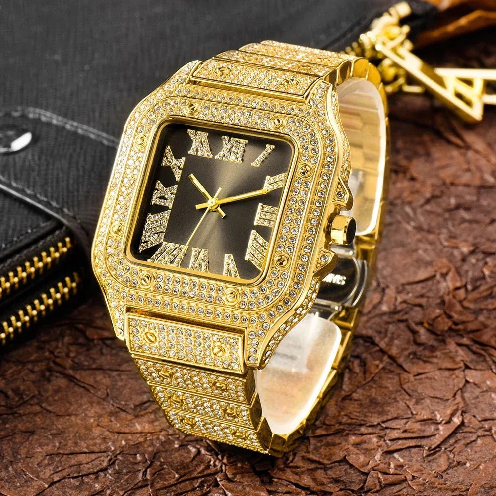 Luxury Blue Dial Roman Numbers Men's Watch | Iced Out Watch Stainless Steel | Luminous Waterproof Analogue Wristwatch | Reloj Hombre | Caratix - CaratixJewelry