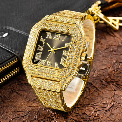 Luxury Blue Dial Roman Numbers Men's Watch | Iced Out Watch Stainless Steel | Luminous Waterproof Analogue Wristwatch | Reloj Hombre | Caratix - CaratixJewelry