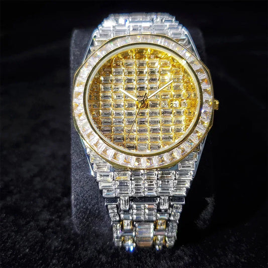 Luxury Hip Hop Men's Watch | Silver Iced Out Watch with Date | Top Brand Quartz Wristwatch | Reloj Hombre | Caratix - CaratixJewelry