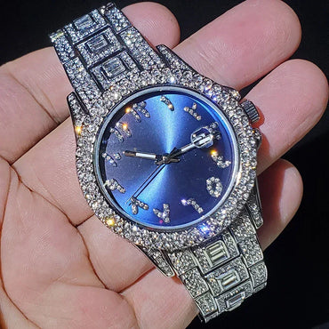 Luxury Blue Arabic Men's Watch | Iced Out Watch with Dial | New Business Stainless Steel Quartz Wristwatch | Waterproof Male Clock | Caratix - CaratixJewelry