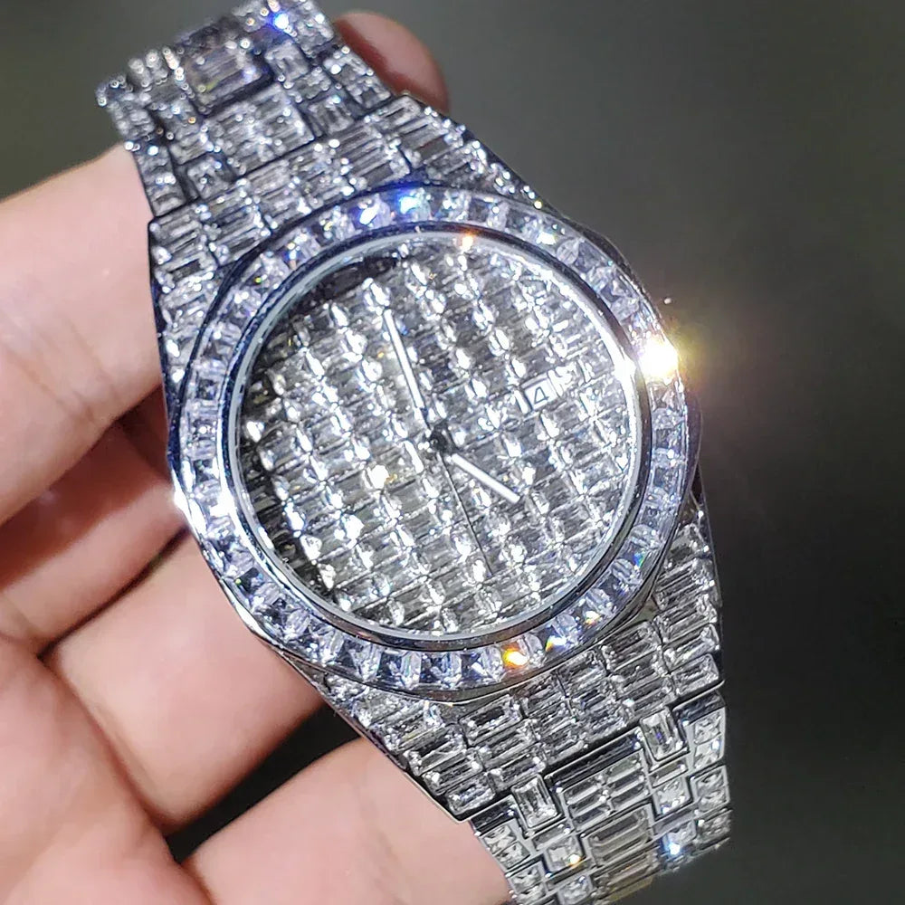 Luxury Hip Hop Men's Watch | Silver Iced Out Watch with Date | Top Brand Quartz Wristwatch | Reloj Hombre | Caratix - CaratixJewelry
