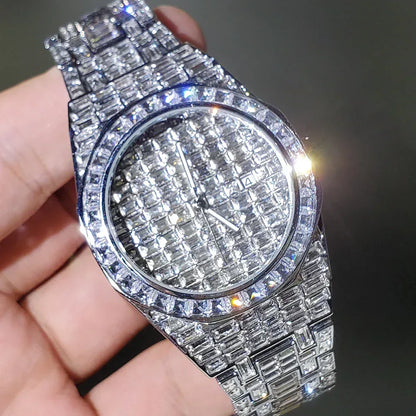 Luxury Hip Hop Men's Watch | Silver Iced Out Watch with Date | Top Brand Quartz Wristwatch | Reloj Hombre | Caratix - CaratixJewelry