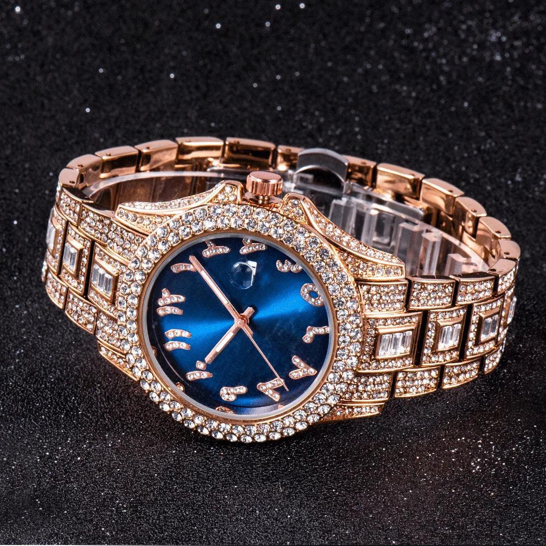 Luxury Blue Arabic Men's Watch | Iced Out Watch with Dial | New Business Stainless Steel Quartz Wristwatch | Waterproof Male Clock | Caratix - CaratixJewelry