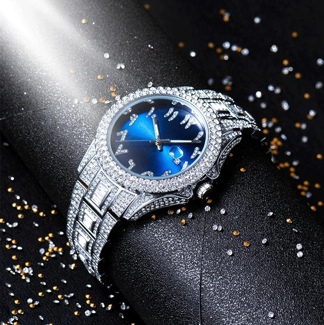 Luxury Blue Arabic Men's Watch | Iced Out Watch with Dial | New Business Stainless Steel Quartz Wristwatch | Waterproof Male Clock | Caratix - CaratixJewelry