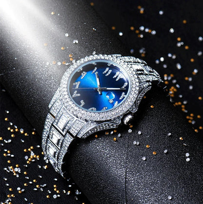 Luxury Blue Arabic Men's Watch | Iced Out Watch with Dial | New Business Stainless Steel Quartz Wristwatch | Waterproof Male Clock | Caratix - CaratixJewelry