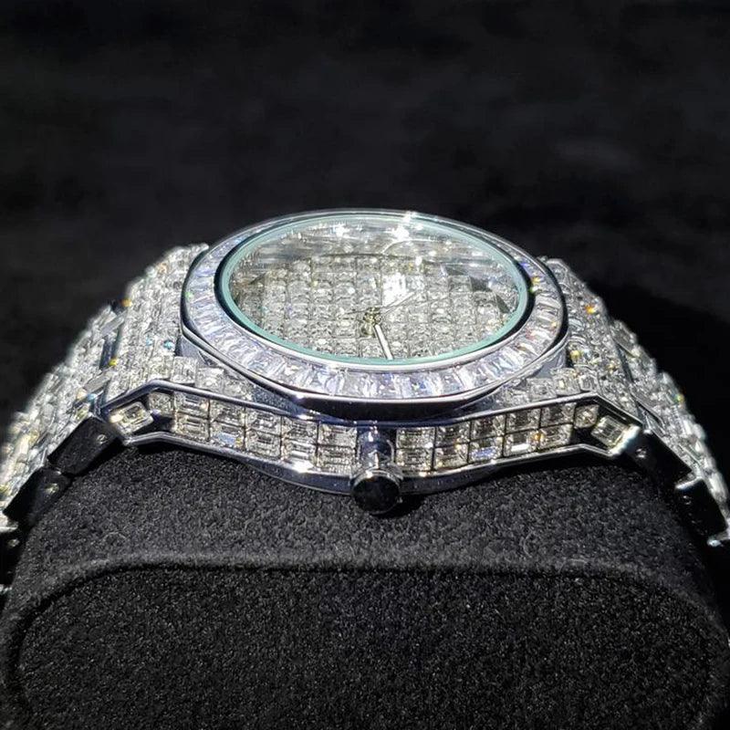 Luxury Hip Hop Men's Watch | Silver Iced Out Watch with Date | Top Brand Quartz Wristwatch | Reloj Hombre | Caratix - CaratixJewelry
