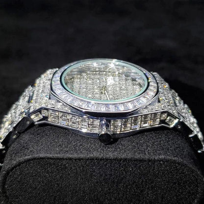 Luxury Hip Hop Men's Watch | Silver Iced Out Watch with Date | Top Brand Quartz Wristwatch | Reloj Hombre | Caratix - CaratixJewelry