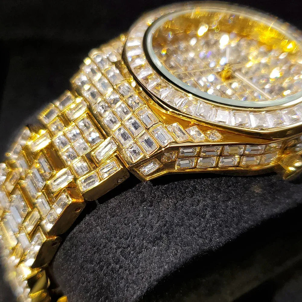 Luxury Hip Hop Men's Watch | Silver Iced Out Watch with Date | Top Brand Quartz Wristwatch | Reloj Hombre | Caratix - CaratixJewelry