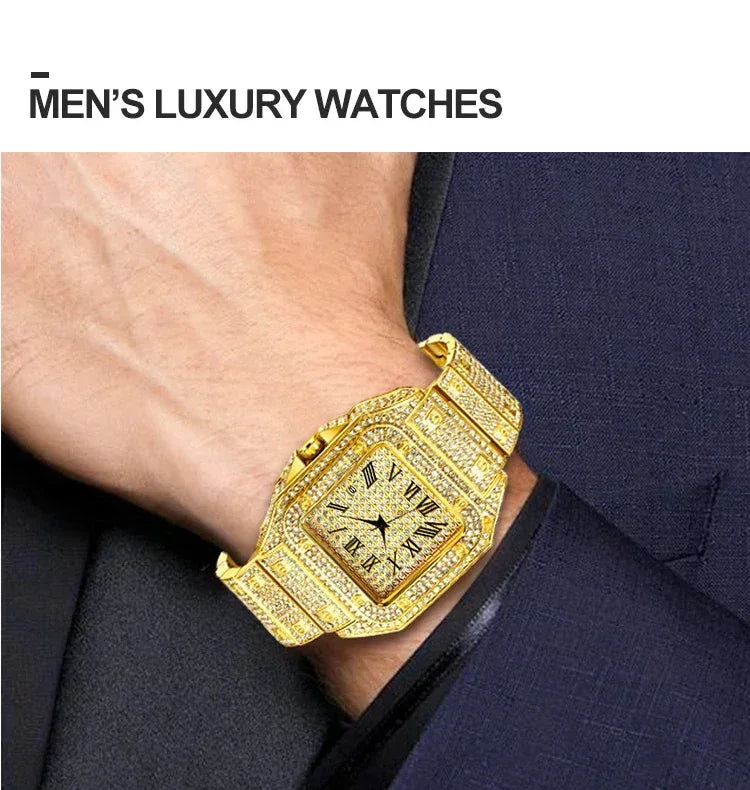 Luxury Blue Dial Roman Numbers Men's Watch | Iced Out Watch Stainless Steel | Luminous Waterproof Analogue Wristwatch | Reloj Hombre | Caratix - CaratixJewelry