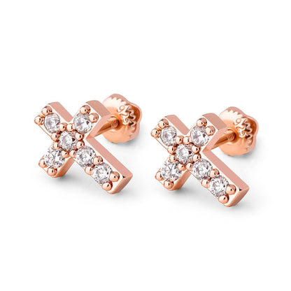 14K Rose Gold & .925 Silver Holy Cross Simulated Diamond Bling Hip Hop Earrings