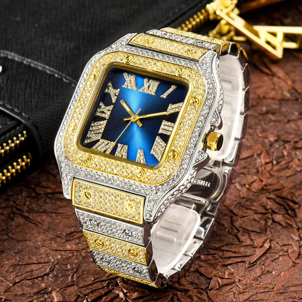 Luxury Blue Dial Roman Numbers Men's Watch | Iced Out Watch Stainless Steel | Luminous Waterproof Analogue Wristwatch | Reloj Hombre | Caratix - CaratixJewelry