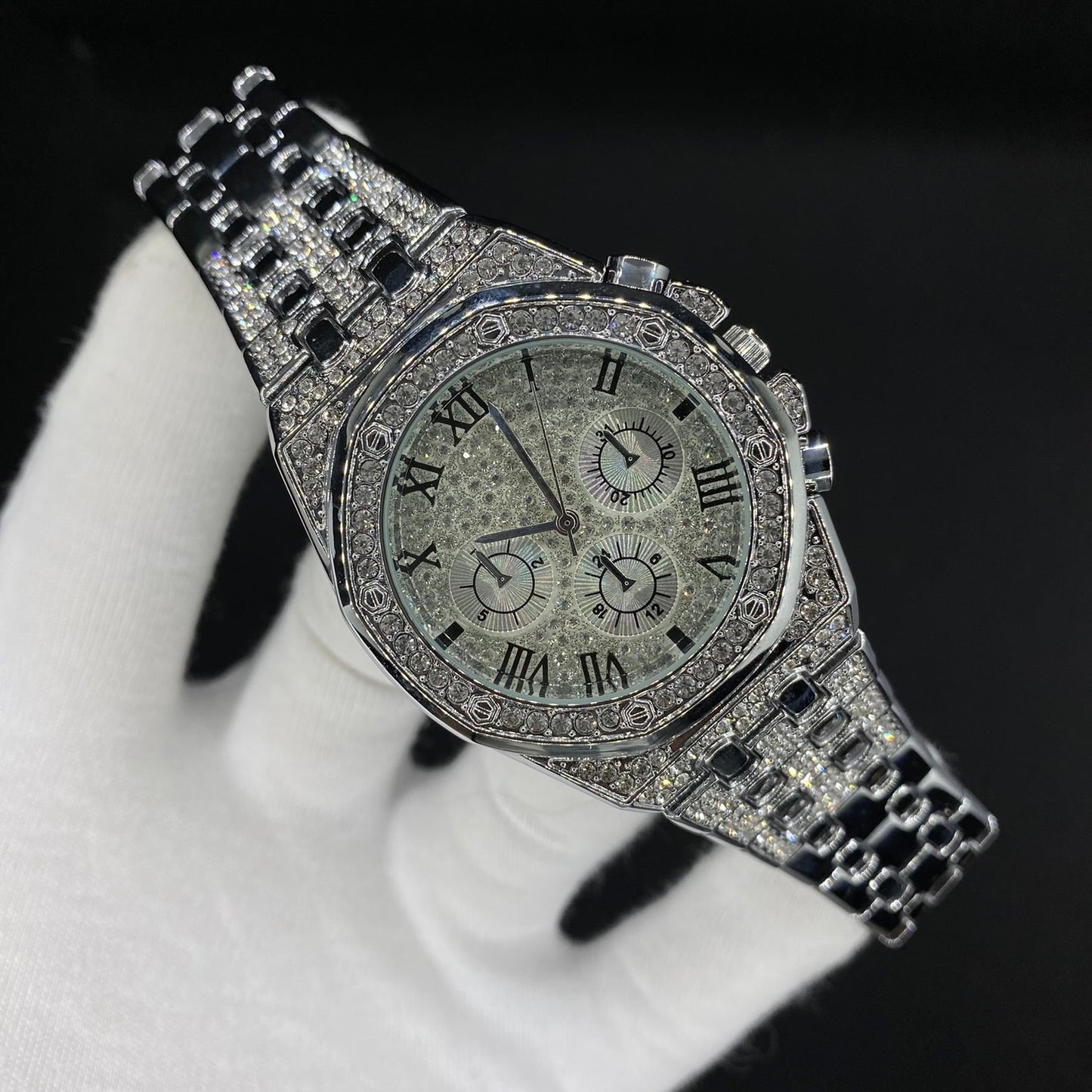 Chronograph Roman Numerals Iced Out Diamond Watch – Luxury Hip Hop Timepiece