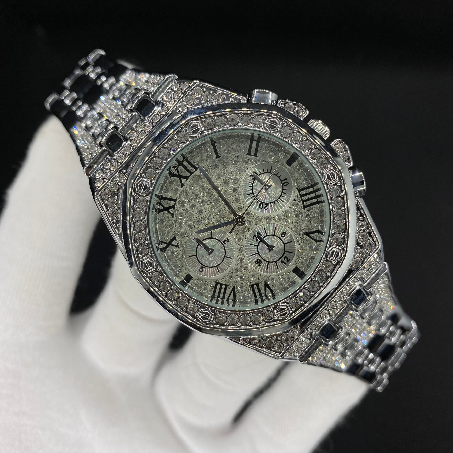 Chronograph Roman Numerals Iced Out Diamond Watch 