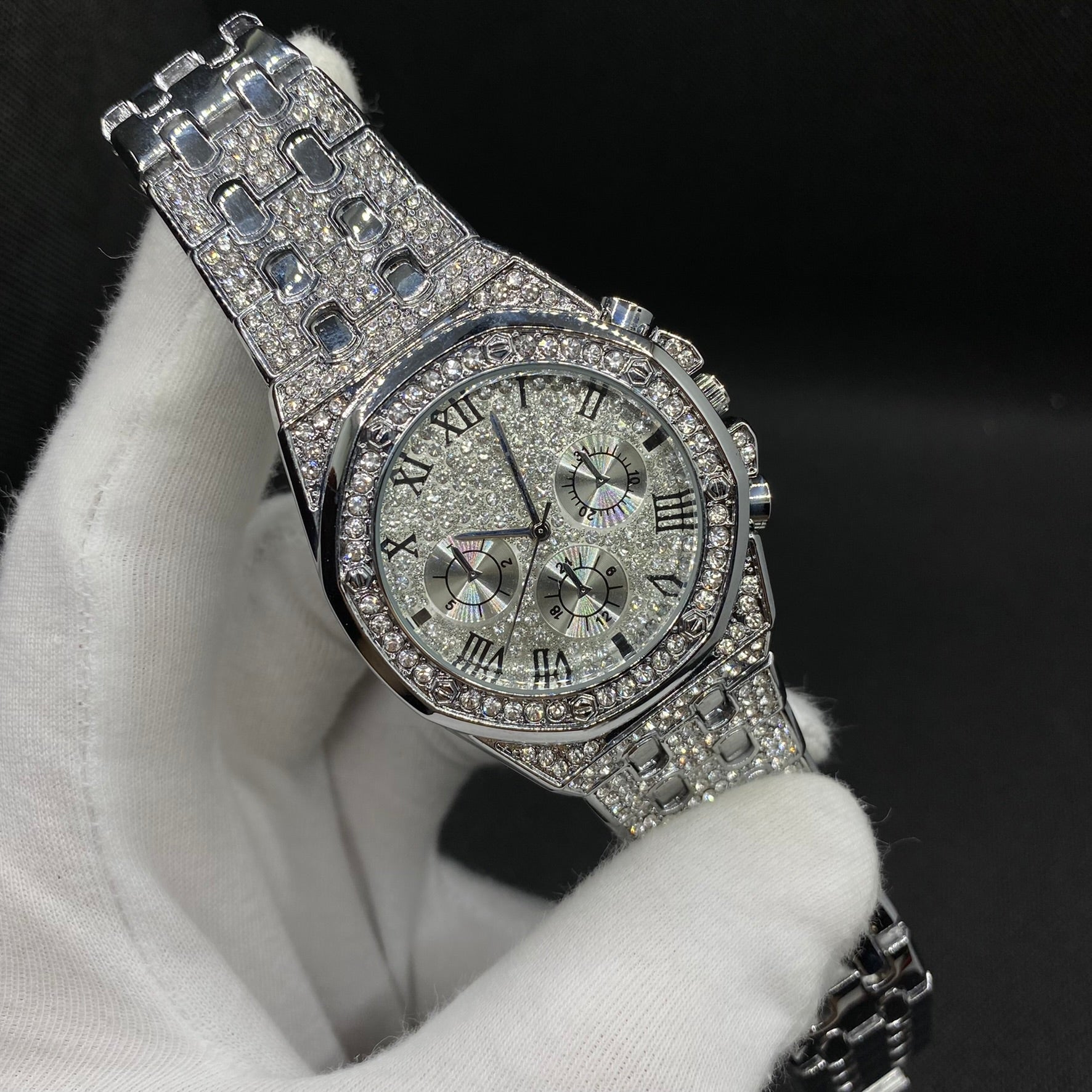 Chronograph Roman Numerals Iced Out Diamond Watch 