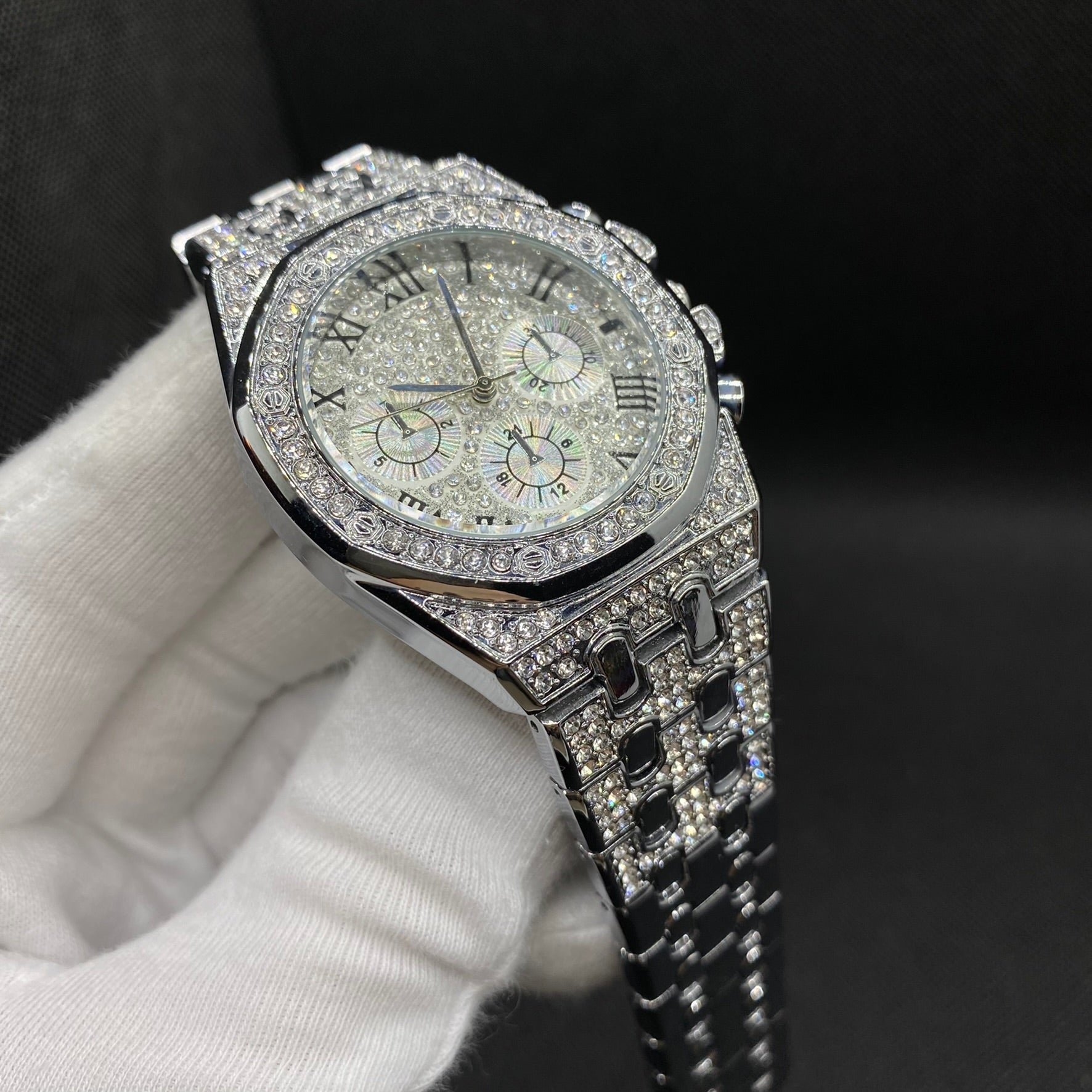 Chronograph Roman Numerals Iced Out Diamond Watch 