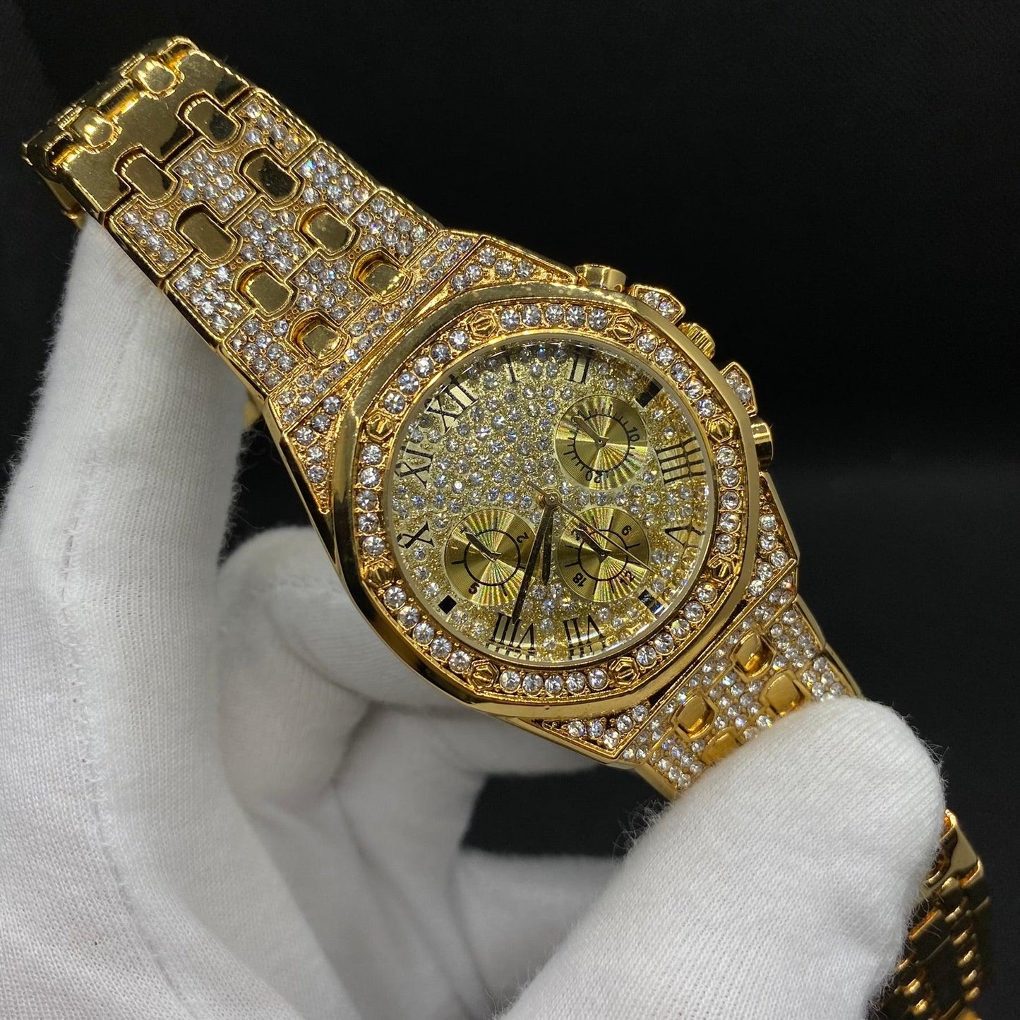 Chronograph Roman Numerals Iced Out Diamond Watch – Luxury Hip Hop Timepiece