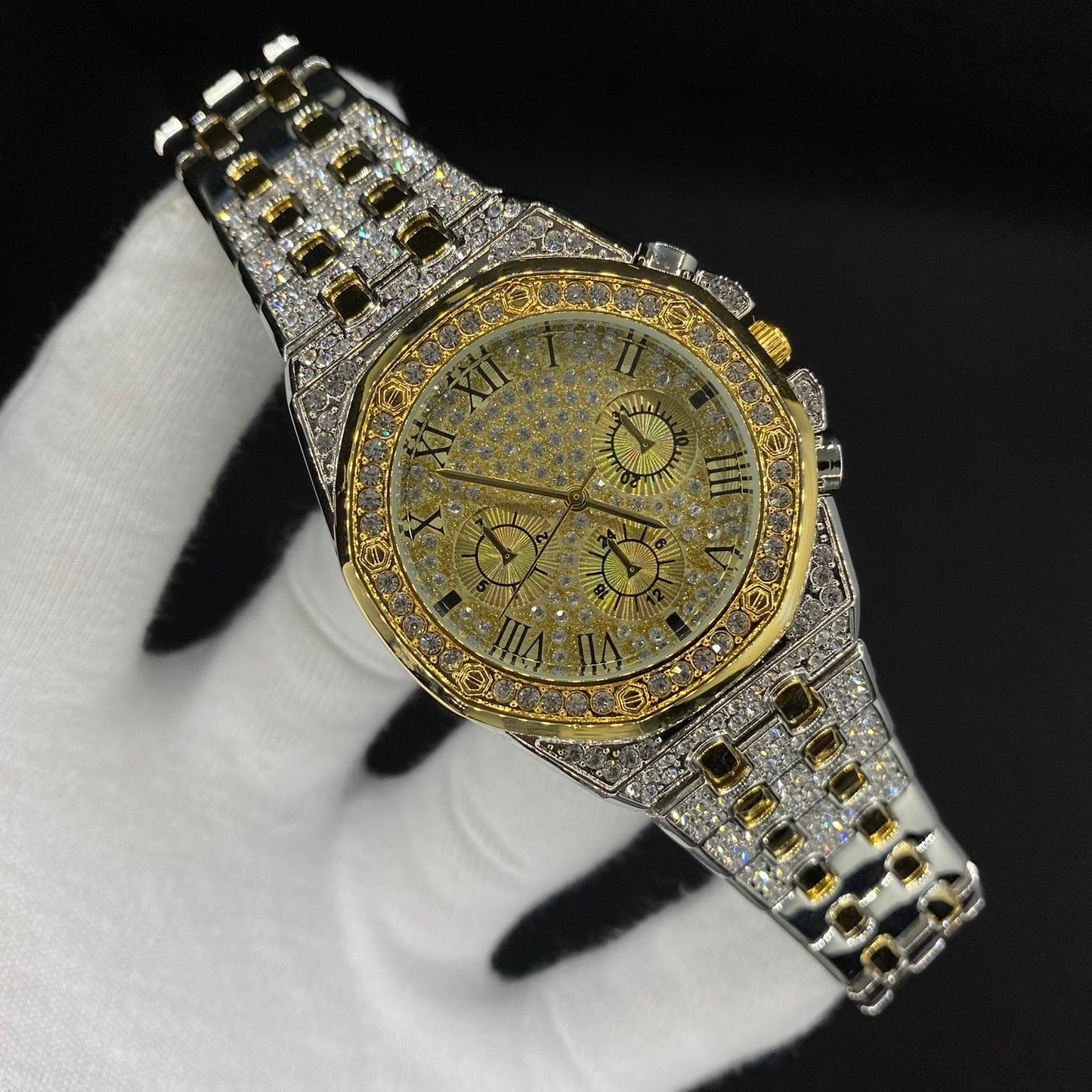 Chronograph Roman Numerals Iced Out Diamond Watch – Luxury Hip Hop Timepiece