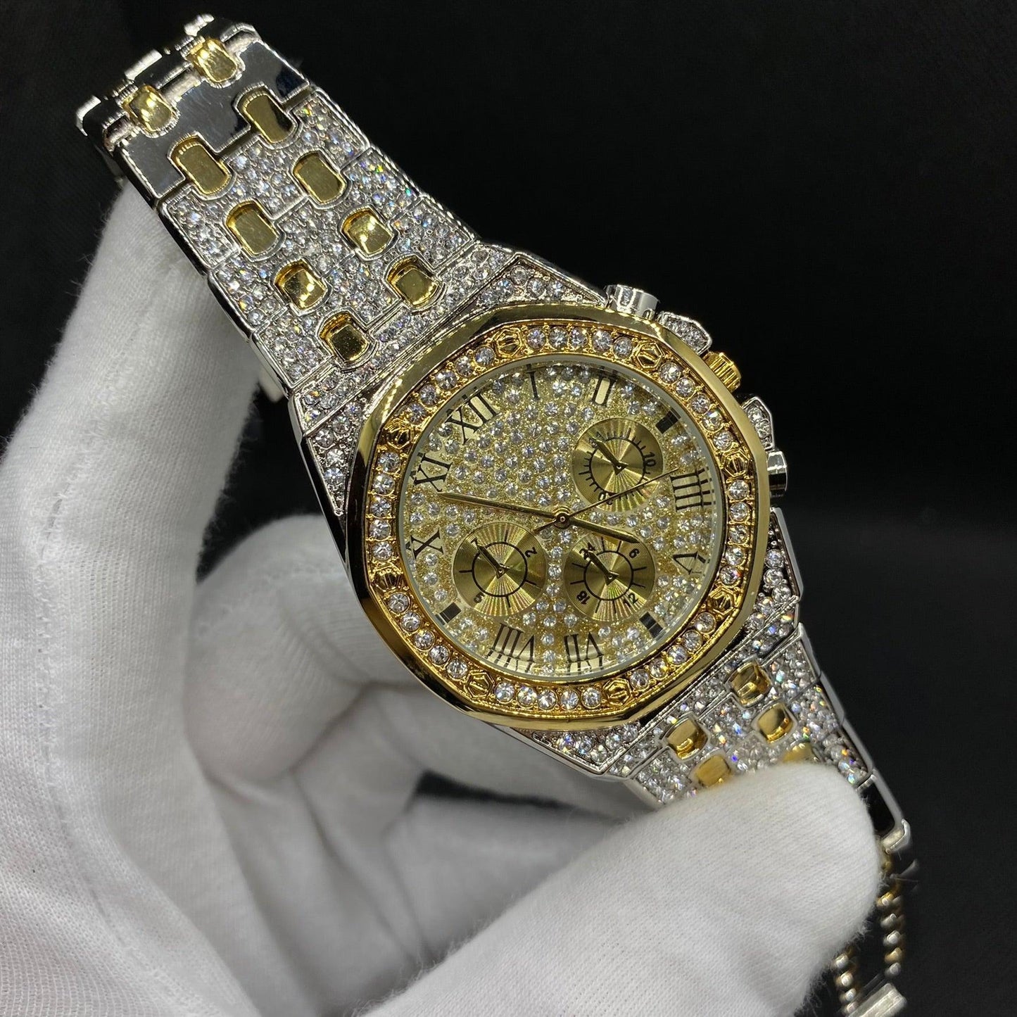 Chronograph Roman Numerals Iced Out Diamond Watch – Luxury Hip Hop Timepiece