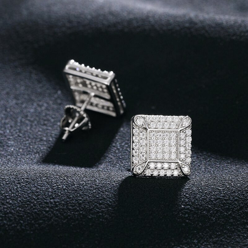 Men’s Ultra Iced Genuine VVS Diamond Solid 925 Silver Square Block Hip Hop Earrings – Bold Iced Jewelry