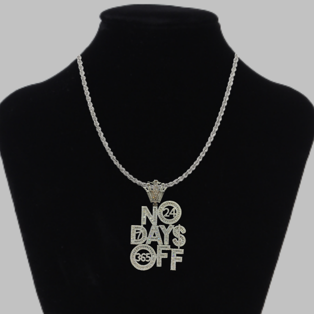 No Days OFF Crown Bail Iced Out Letter Diamond Pendant Necklace – Custom Hip Hop Jewelry for Men