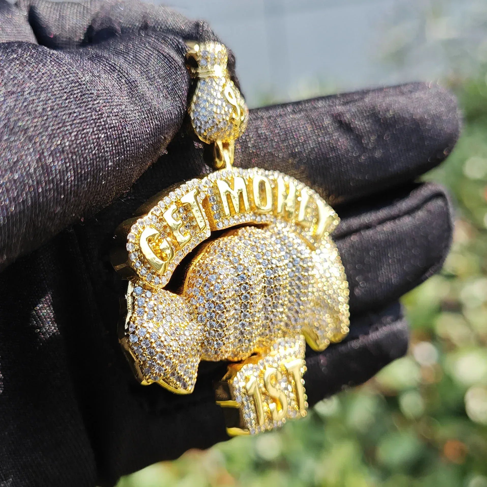 Iced Out “Get Money” Fist Pendant Necklace – Hip Hop CZ Copper Streetwear Jewelry - CaratixJewelry