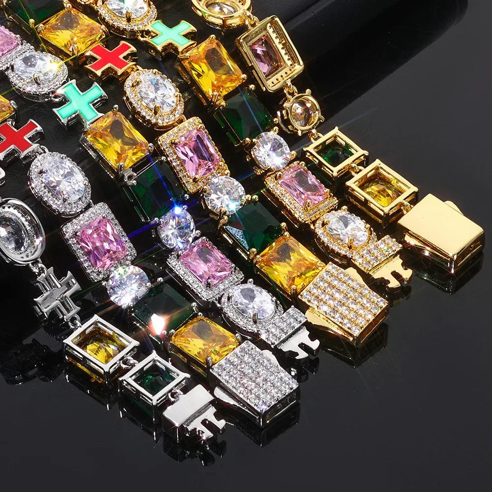 Custom 10mm Cross Charm Color Gemstone Bracelet | Premium Iced Out Jewelry for Men | Caratix - CaratixJewelry