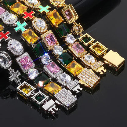 Custom 10mm Cross Charm Color Gemstone Bracelet | Premium Iced Out Jewelry for Men | Caratix - CaratixJewelry