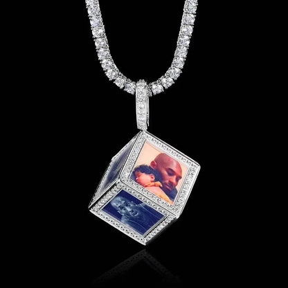 Custom Cube Memory Photo Pendant Necklace with Micro-Pave Zircon Stones | Caratix Jewelry - CaratixJewelry