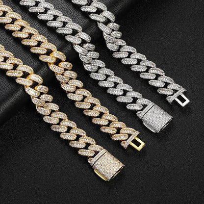 15mm Iced Out Cuban Chain Zircon Necklace with T-Bar Clasp - CaratixJewelry