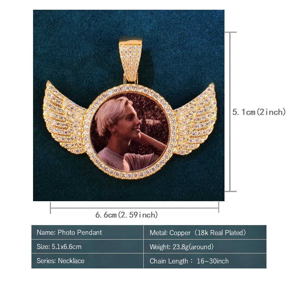 Small Wing Photo Pendant Necklace | CZ Iced Out Custom Picture DIY Couple Jewelry - CaratixJewelry
