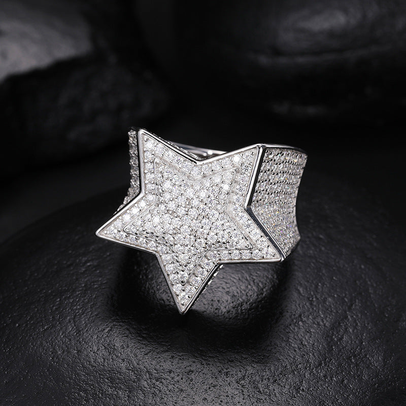 Unisex S925 Sterling Silver Moissanite Star Ring – Iced-Out Hip-Hop Statement Band