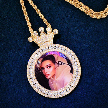 Crown Photo Frame Pendant | Iced Out CZ Custom Picture Hip Hop DIY Necklace - CaratixJewelry