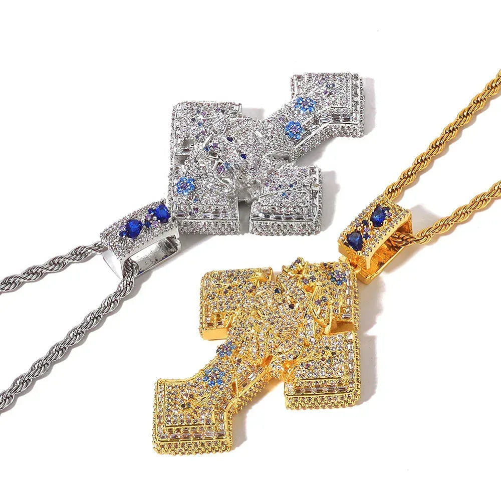 Custom Pendant Necklace with Portrait & Blue Flower Cross | Iced-Out Art Jewelry | Caratix - CaratixJewelry
