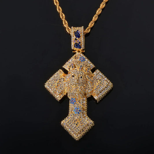 Custom Pendant Necklace with Portrait & Blue Flower Cross | Iced-Out Art Jewelry | Caratix - CaratixJewelry