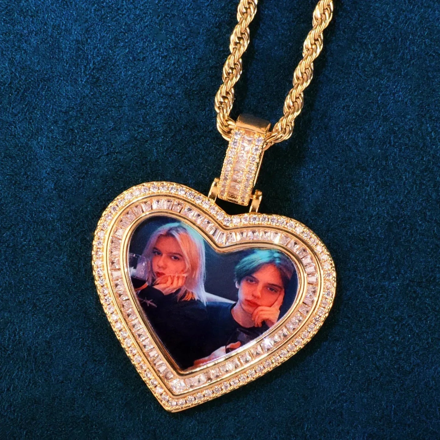 Heart Photo T-Bar Pendant | Iced Out CZ DIY Custom Picture Hip Hop Couple Necklace - CaratixJewelry