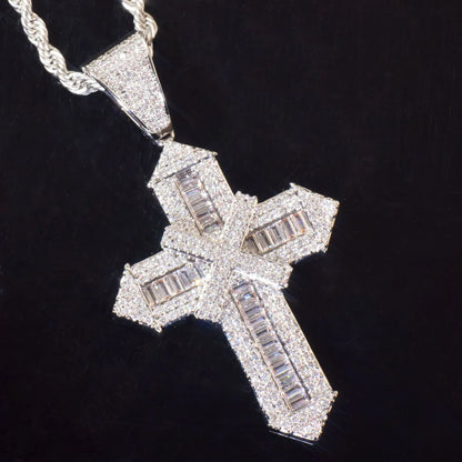 Iced Out Cross Pendant Necklace – Step-Cut Mixed Stone - CaratixJewelry
