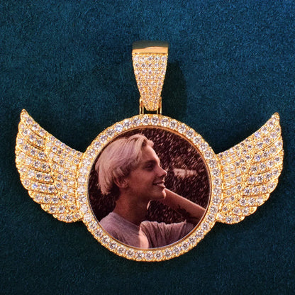 Small Wing Photo Pendant Necklace | CZ Iced Out Custom Picture DIY Couple Jewelry - CaratixJewelry