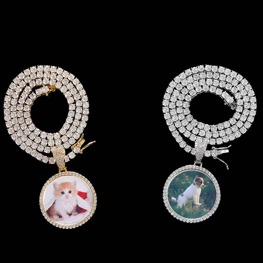 Custom Small Round Photo Pendant Necklace with Zircon Stones for Men | Caratix Jewelr - CaratixJewelry