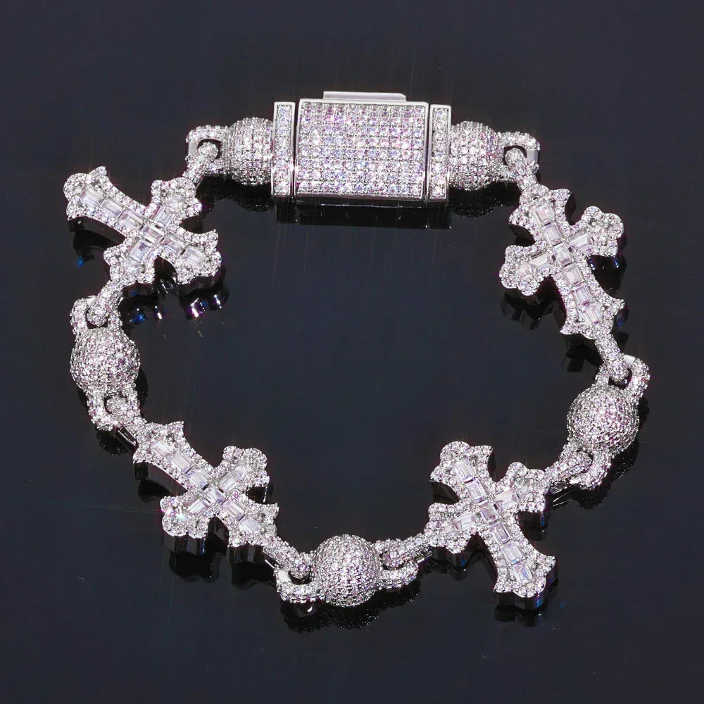 Custom Vintage Baguette Cross Ball Bracelet | Iced Out Round Bead Rapper Chain | Caratix - CaratixJewelry