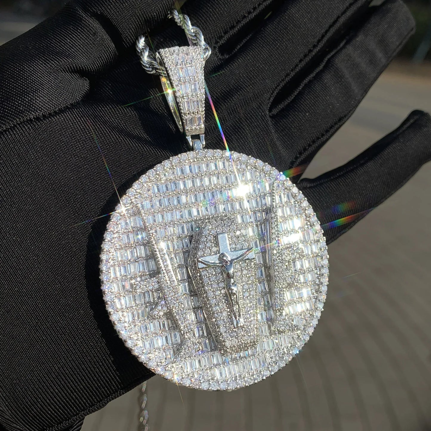 Iced Out Double Gun Cross Round Pendant Necklace – Hip Hop Step-Cut CZ Copper Jewelry - CaratixJewelry