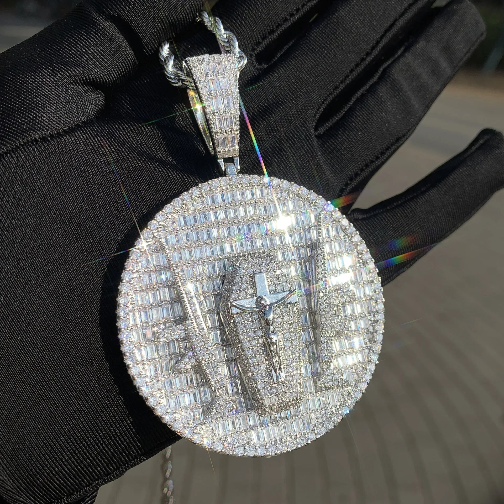 Iced Out Double Gun Cross Round Pendant Necklace – Hip Hop Step-Cut CZ Copper Jewelry - CaratixJewelry