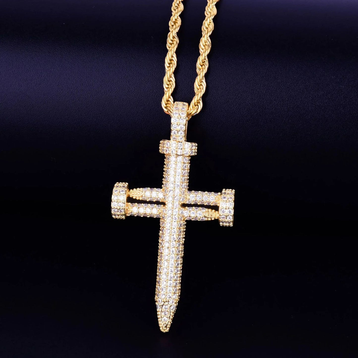Modern Iced Out Thumbtack Nail Cross Pendant | Men's Industrial Hip Hop Necklace | Premium Copper CZ Jewelry | Unique Street Edge | Caratix - CaratixJewelry