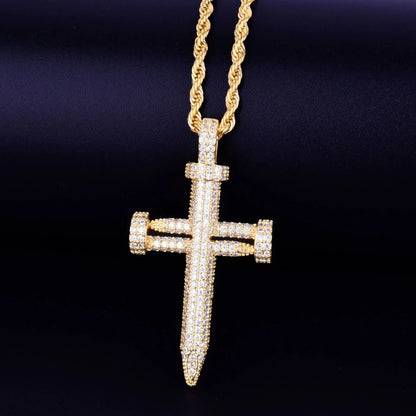 Modern Iced Out Thumbtack Nail Cross Pendant | Men's Industrial Hip Hop Necklace | Premium Copper CZ Jewelry | Unique Street Edge | Caratix - CaratixJewelry