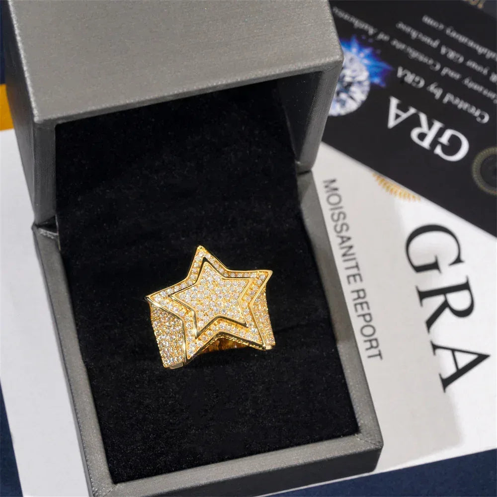 D-Color VVS Moissanite Star Ring | S925 Silver Unisex Iced Out Hip Hop Jewelry - CaratixJewelry