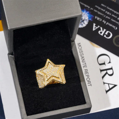 D-Color VVS Moissanite Star Ring | S925 Silver Unisex Iced Out Hip Hop Jewelry - CaratixJewelry