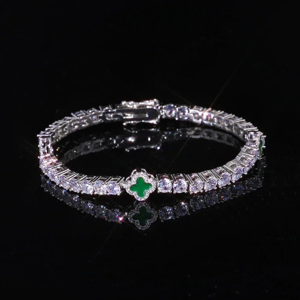 4mm S925 Sterling Silver Color Enamel Clover Bracelet | Iced Out Tennis Chain | Custom Rapper Iced Out Chain Style | Caratix - CaratixJewelry